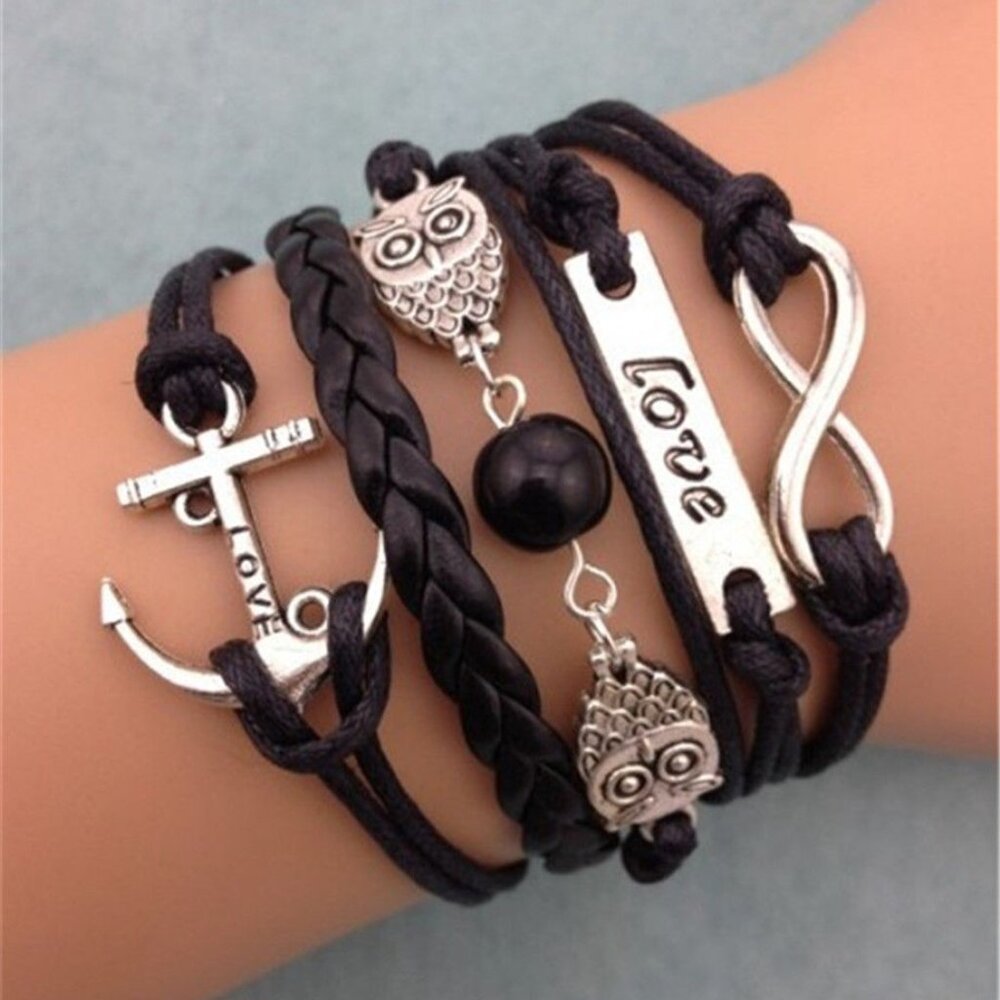 New Unisex Black Leather Owl Love Bracelet 6-7"